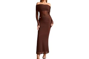 KUTUMAI Women Off Shoulder Long Sleeve Maxi Dress Cutout Mesh Ruched Bodycon Formal Wedding Guest Dresses