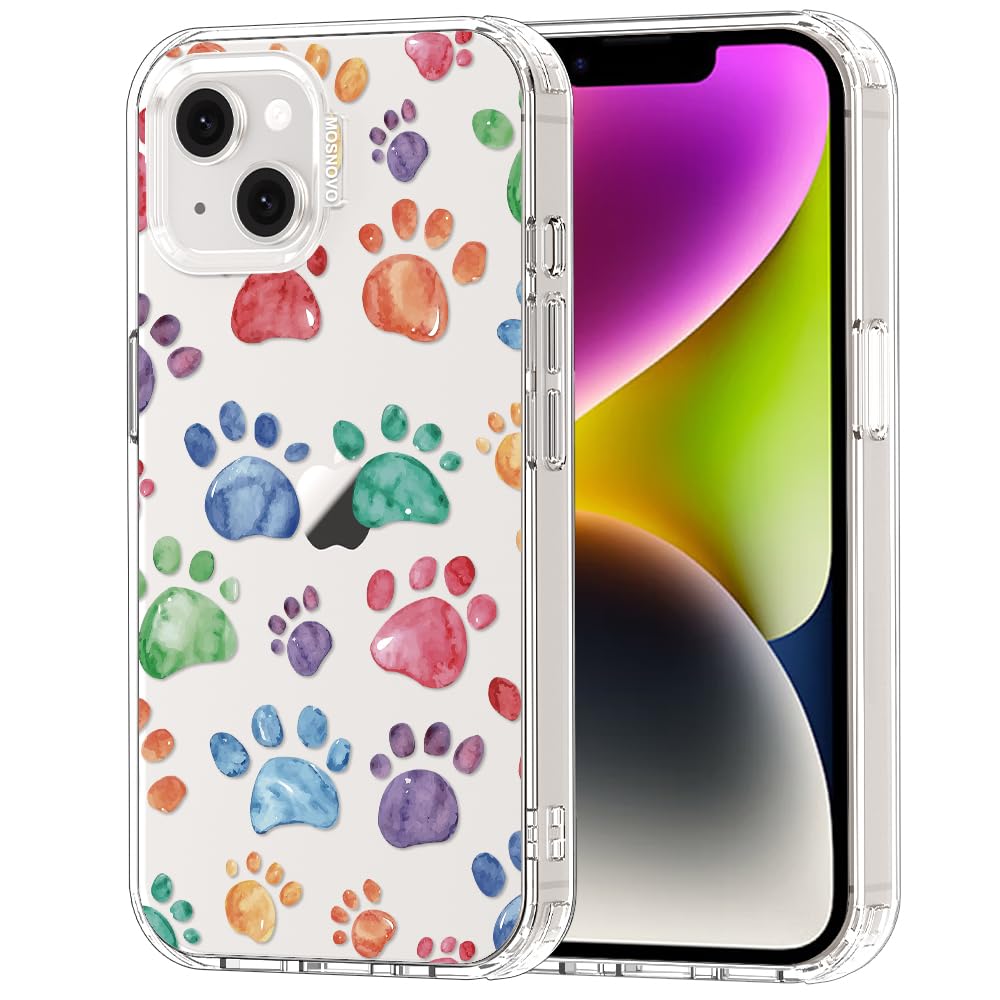 MOSNOVO Case for iPhone 13/14, [Buffertech 6.6ft Military-Grade Drop Protection] [Anti Peel Off Tech] Clear TPU Bumper Phone Case Cover Design - Colorful Paw — image 1