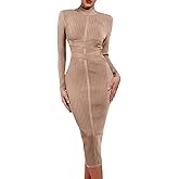 UONBOX Women's Long Sleeves Cross Strap Ribbed Club Party Midi Bodycon Bandage Dress