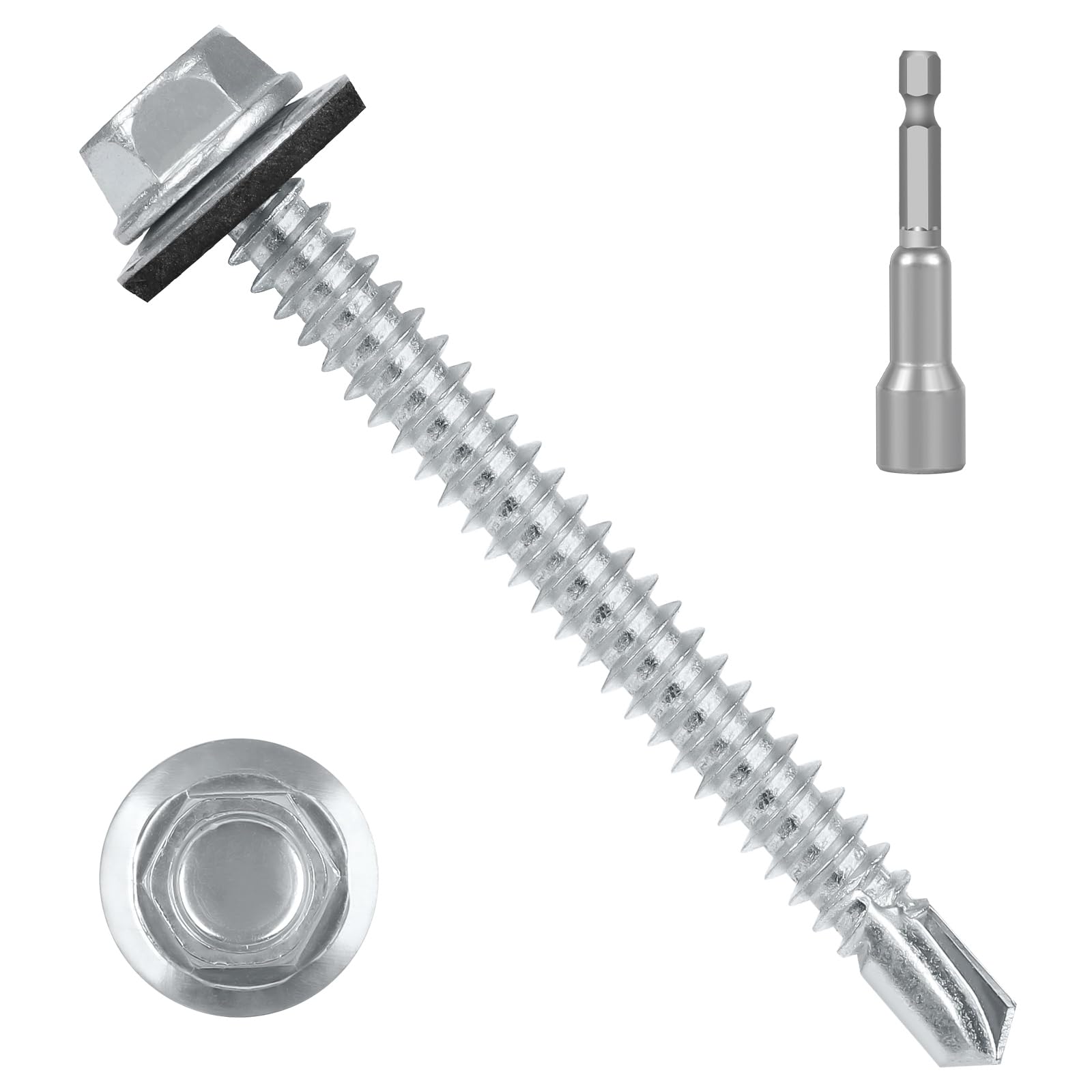Photo 1 of #12 x 4 (50 PCS) Metal Roofing Screws with Rubber Washer, Hex Head Self Tapping Screws for Metal, Self Drilling Sheet Metal Screw, Hex Bit Socket Included