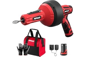 POPULO 12V Cordless Electric Drain Auger, Auto Feed Plumbing Snake Drain for Unclog Sink Drain 3/4"-2" Pipe, 16.8 FT Snake Hair Drain Clog Remover Cleaner Tools for Shower, Kitchen, Bathtub, Sink