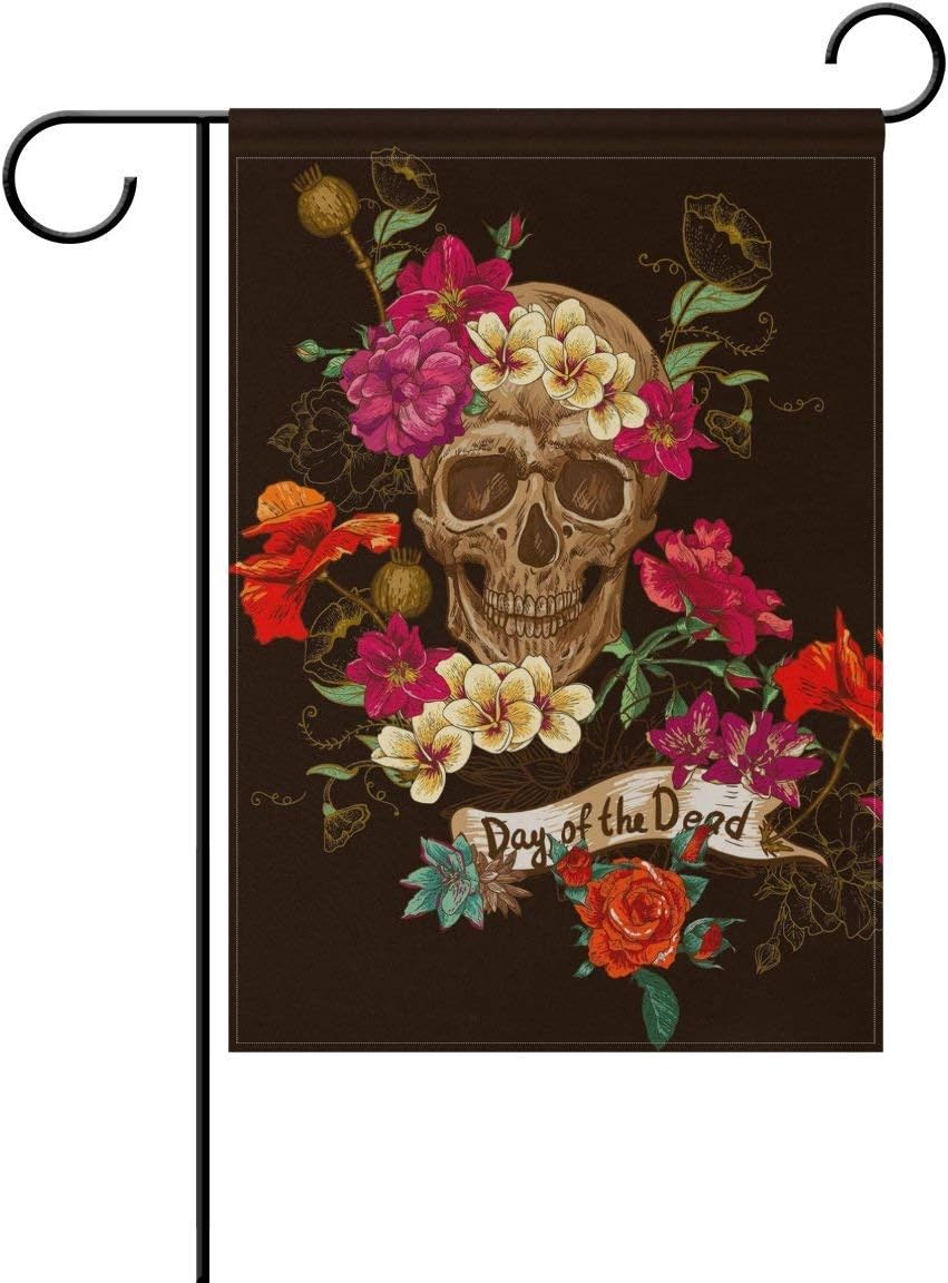 Raininc's Sugar Skull Flowers Day of The Dead Garden Flag 12 X 18 Large Inches, Double Sided Outdoor Yard Yall Garden Flag for Wedding Party House Home Decor