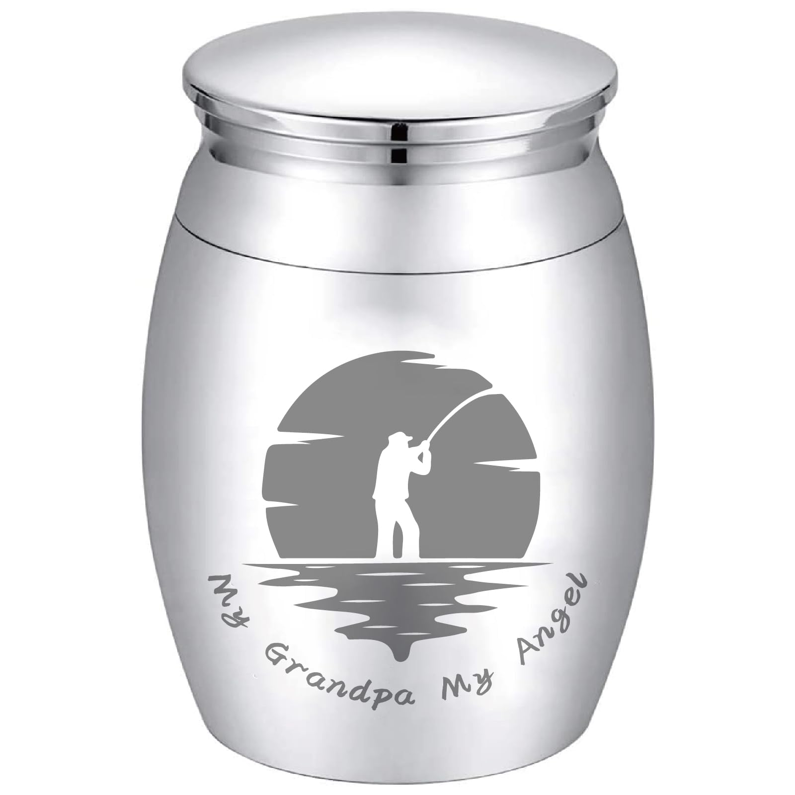 CREATCABIN Human Small Keepsake Urns for Human Ashes Mini Cremation Urns Stainless Steel Memorial Ashes Holder Share Urn Miniature Burial Funeral Jar 1.6 x 1.2Inch(Silver)-My Grandpa My Angel Fishing