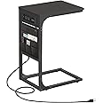 TUTOTAK C Shaped End Table with Charging Station, Side Table for Sofa and Couch with Storage, TV Tray Table with 2 USB Ports & Outlets - Black TB01BK024