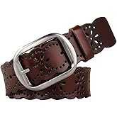 JASGOOD Women's Hollow Flower Genuine Leather Belt for Jeans Pants Wide Belt for Ladies
