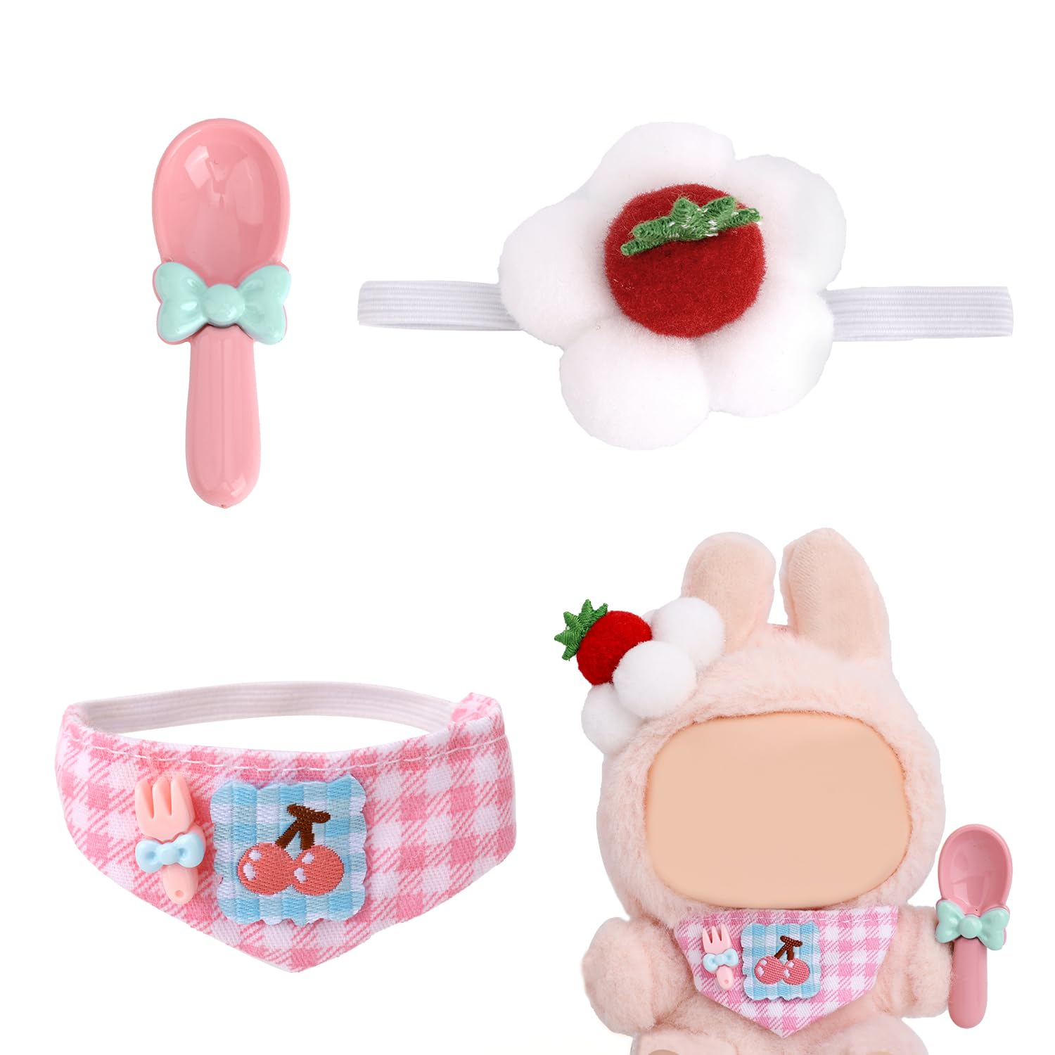 5.9in/6.7in Doll Clothes Set, 3-Piece Hat, Bib, Rice Spoon Cute Pink Cherry Plush Doll Clothes Set Travel Gifts Tomato Outfit Accessories for Dolls (Only Outfit)