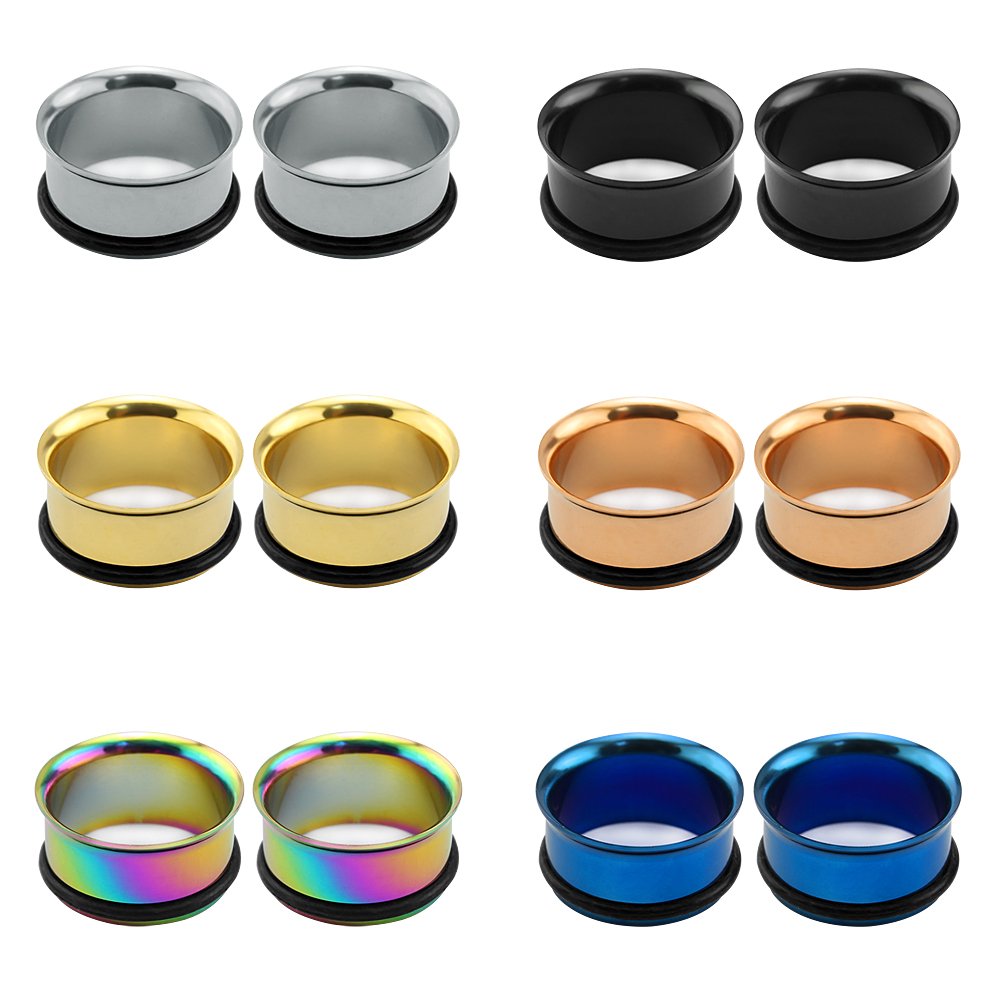 ZeSen Jewelry 6 Pairs Unisex Single Flare Stainless Steel Ear Tunnels (0g, 8mm) with Silicone O-Rings