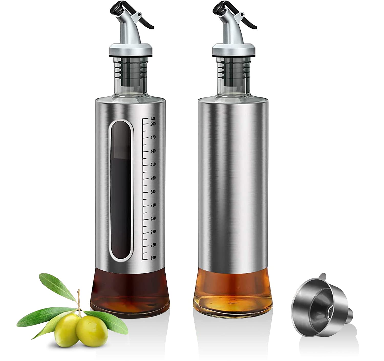 ACEWARMS Oil dispenser bottle for kitchen, Olive oil bottles with drizzlers, Vinegar bottles, 500ml 2Pack glass soy sauce bottles with lids+Stainless steel funnel (500ml 2Pack)