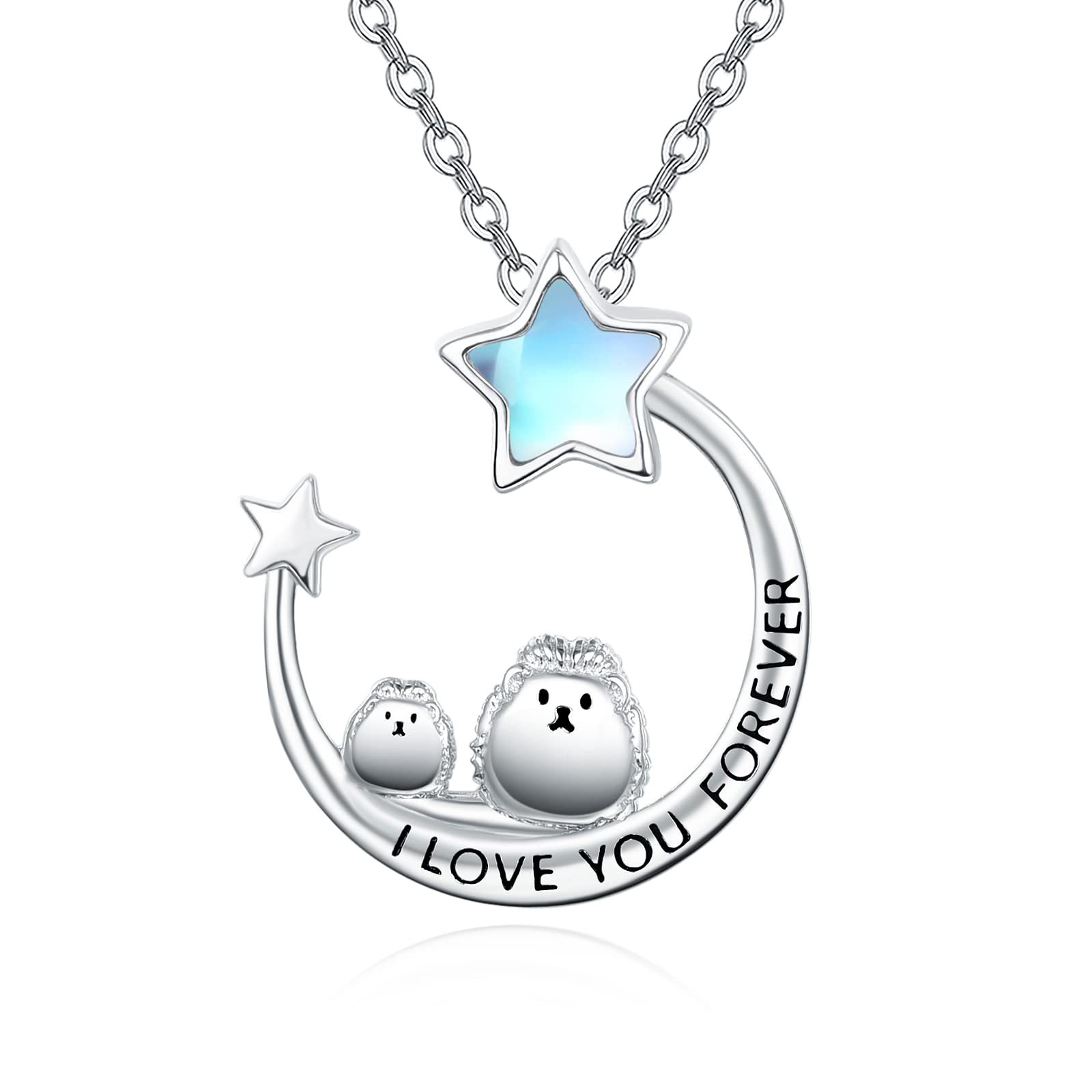 KINGWHYTE Star Necklace Moon Necklace 925 Sterling Silver Hedgehog Chain for Women Moonstone Pendant Hedgehog Gifts for Women Mum Girls