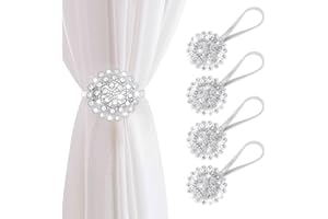 AULEEP Magnetic Curtain Tiebacks, 4 Pack Magnetic Crystal Decorative Drapes Curtain Clips Buckle, Flower Curtain Tie Back, European and American Style (Silver)