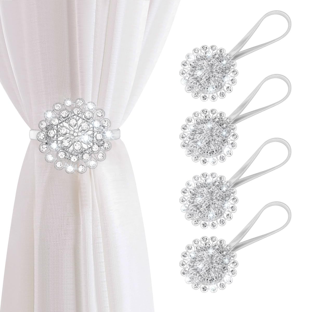 Photo 1 of ***MISSING PARTS***
AULEEP Magnetic Curtain Tiebacks, 4 Pack Magnetic Crystal Decorative Drapes Curtain Clips Buckle, Flower Curtain Tie Back, European and American Style (Silver)