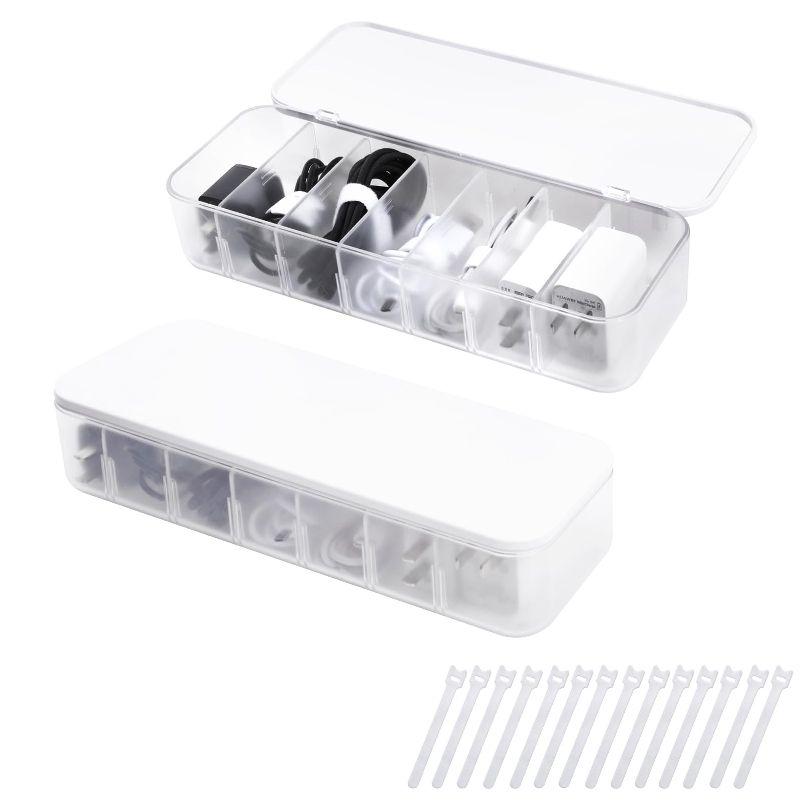 FRETONBA Cable Storage Box, 2 Pcs Cable Tidy Management Box with 7 Compartments and 14 Cable Ties Reusable, Cord Organiser Box for Office, Home Charger Storage, White