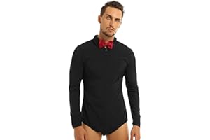 ranrann Men's Long Sleeve Latin Dance Shirt Bodysuit with Bowtie Modern One-Piece Dance Romper Leotard Top