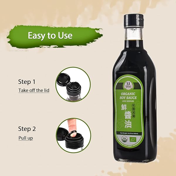 52USA ORGANIC SOY SAUCE LOW SODIUM, 16.2OZ(480ML), USDA ORGANIC, NATURALLY BREWED DARK SOY SAUCE, PURE INGREDIENTS, MARINADE FOR MARINATING FISH, MEAT & ROASTED VEGETABLES