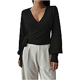 SHENHE Women's Casual V Neck Wrap Sweater Pullover Long Sleeve Slim Fit Knit Crop Top Sweater