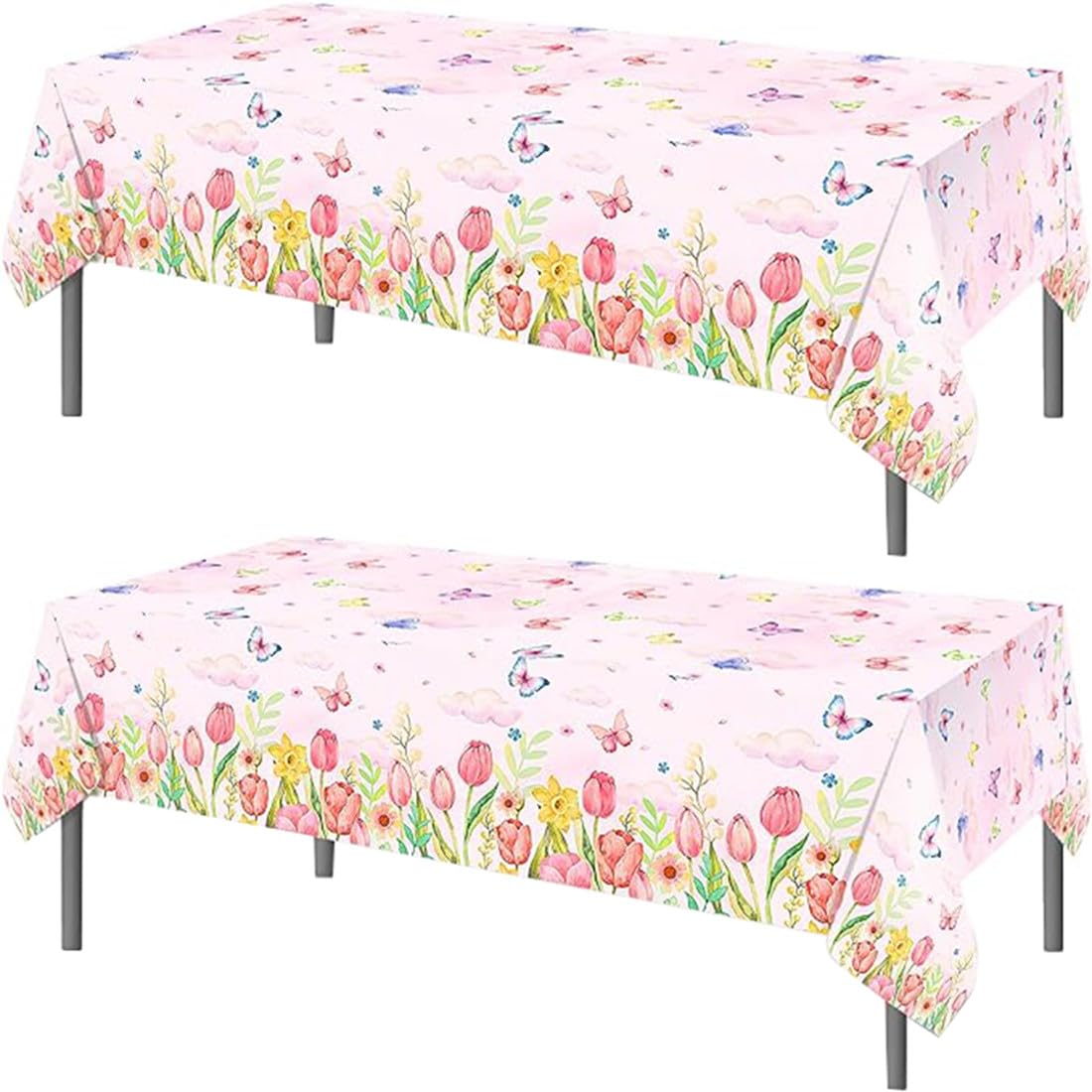 TOKYMOON 2 Pack of Disposable Pink Tulip Butterfly Spring Flowers Themed 54x87In Tablecloths Table Cover for Kids Baby Shower Spring Party Supplies