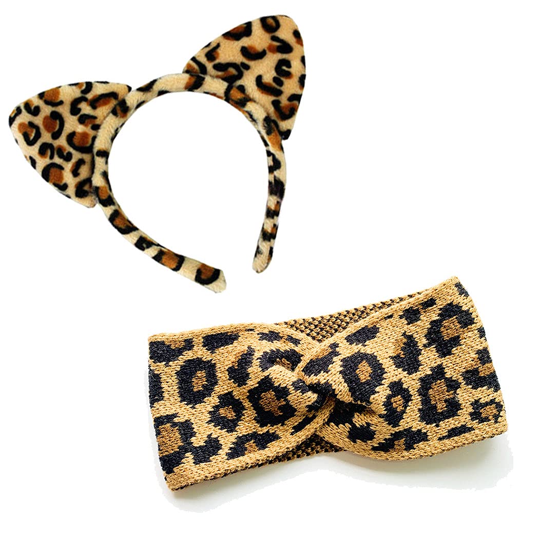 She's Shining 2 Pack Leopard Print hairband Workout Sports Head Wrap & Fluffy Cat Ear Headband for Women Brown