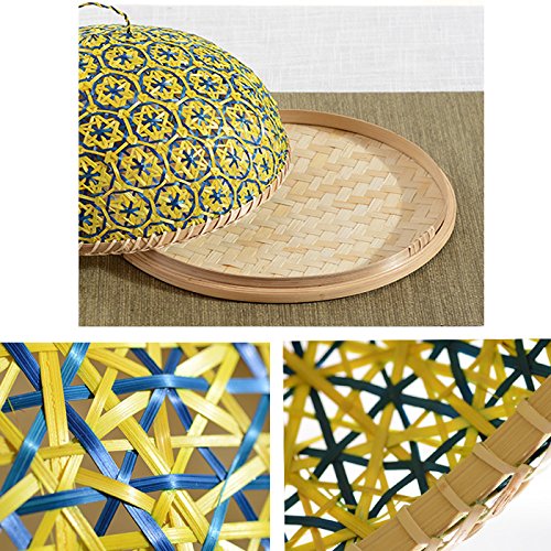 NewFerU Bamboo Woven Table Serving Tray Universal Round Food Storage Plate Platter with Handles,Fly Dome Lid Cover for Picnic Party Bread,Cake,Pizza,Dry Fruits,Dessert,Indoors Outdoors (13" Red-Cover)