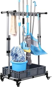 JIAHAI Broom Holder Floor Standing Movable Floor-Mounted mop Rack Cleaning Tool Storage for Schools, Hospitals, Factories, Hotels, Restaurants, Property Companies