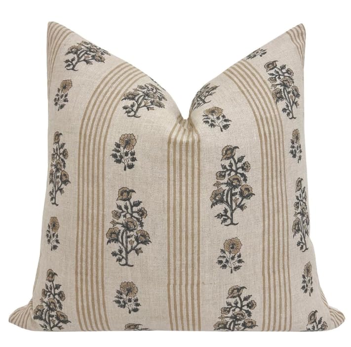 Photo 1 of Pillow Cover Thick Cotton 20 x 20 in Double Sided Block Print Gold Zipper for Easy Removal Home Decor Shabby Chic Farmhouse Neutral Sofa Couch Accent Throw (Beige Tan Charcoal Floral Stripes)