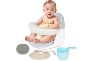 TOSGN Swivel Baby Bath Seat, Openable Armrest and 360° Rotatable Baby Bath Seat for Babies 6 Months & up, Baby Bath Mat/Rinse Cup/Brush/Baby Shower Cap Included, White