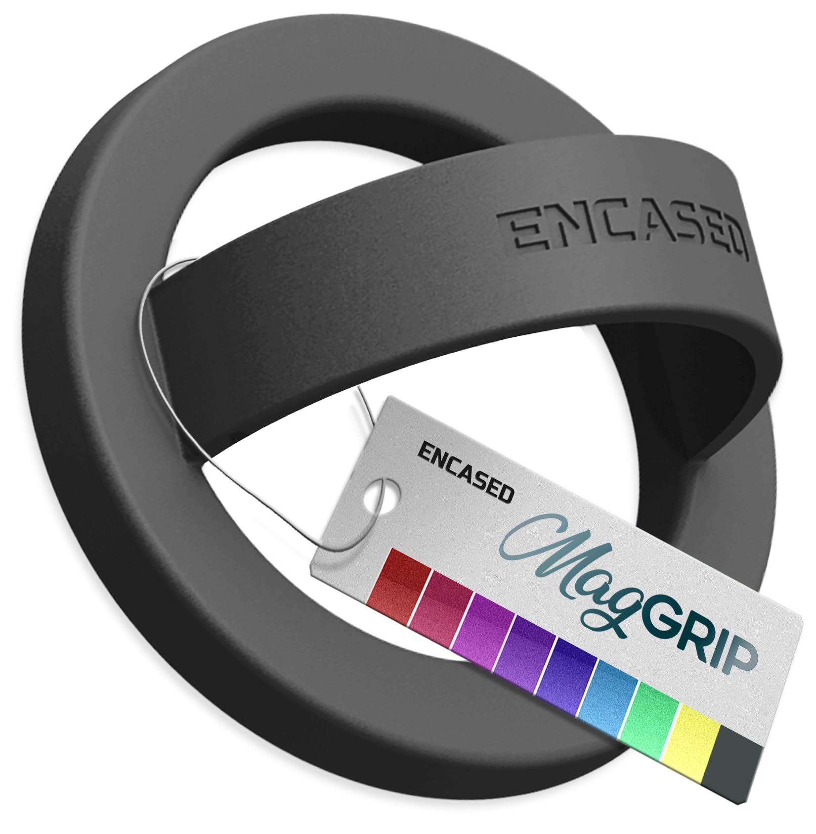 Encased Magnetic Phone Grip Holder Thin Silicone Finger Loop Ring, Compatible with Magsafe (Black)