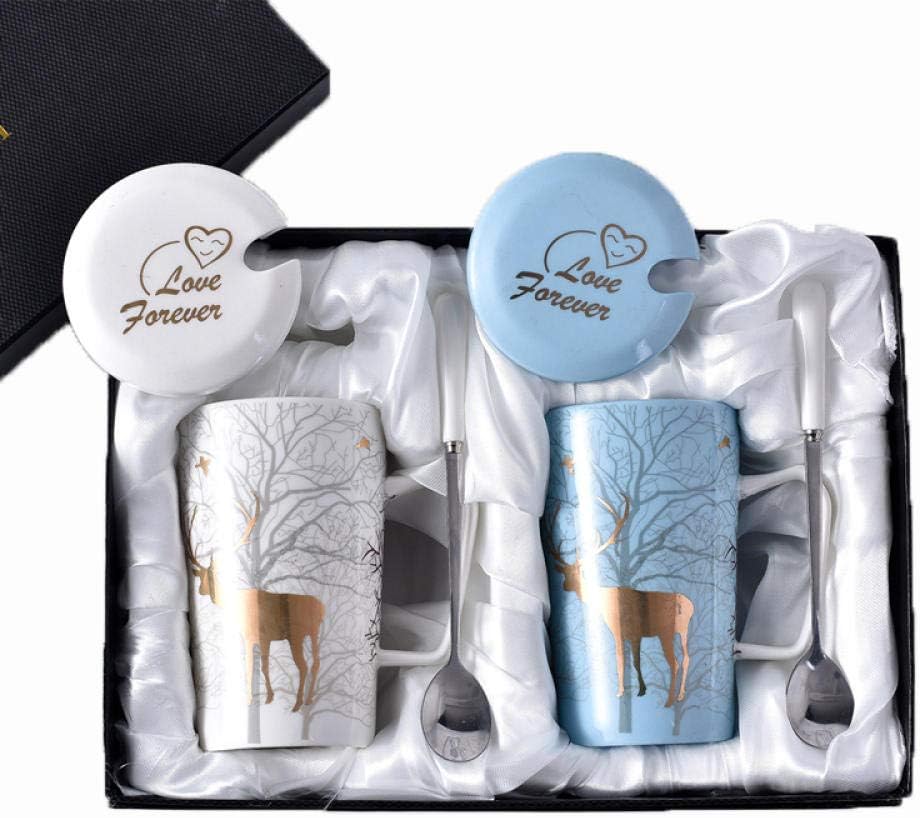 HMShun Mug Coffee Cup Ceramic with lid Spoon Cup Wedding Wedding Gift Box Set Couple Pair of Cups a Pair of Cups@White + Blue
