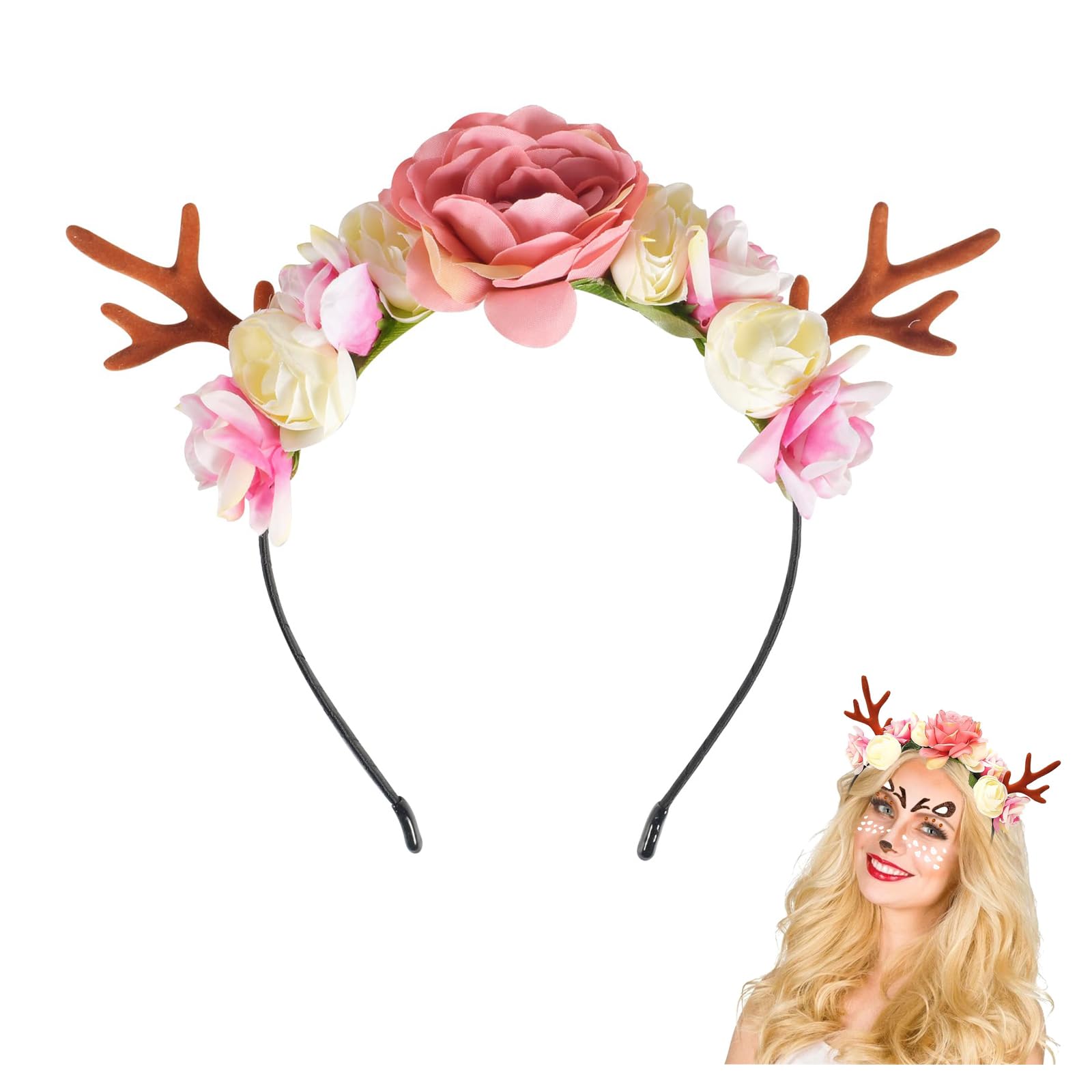 Christmas Flower Deer Headband,Flower Crown Reindeer Antlers Headband,Xmas Hair Accessories Festival Photo Props Floral Wreath Headdresses Forest Fairy Costume Photography Hair Hoop for Women Girl