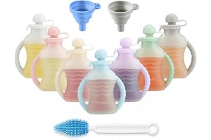 PandaEar 7-Pack Reusable Silicone Baby Food Pouches with Handles, 4oz Refillable Portable Pouches for Toddlers & Infants, BPA-Free Self-Feeding Yogurt & Smoothie Bags, Includes 2 Funnels
