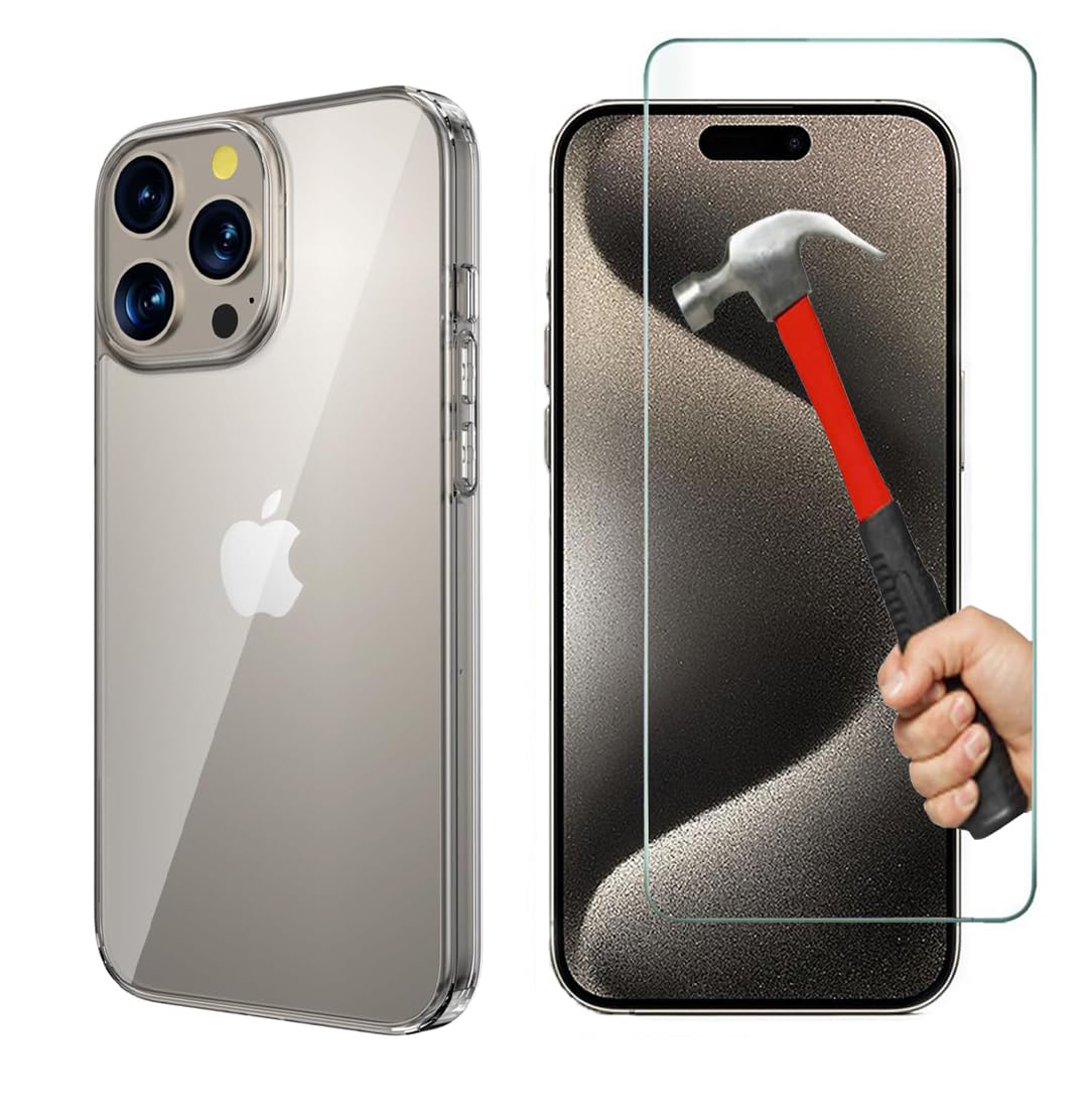 KP TECHNOLOGY Case and Screen Protector for iPhone 15 Pro Max, Clear Case Transparent Silicone Gel Cover with Tempered Glass Screen Protector for iPhone 15 Pro Max