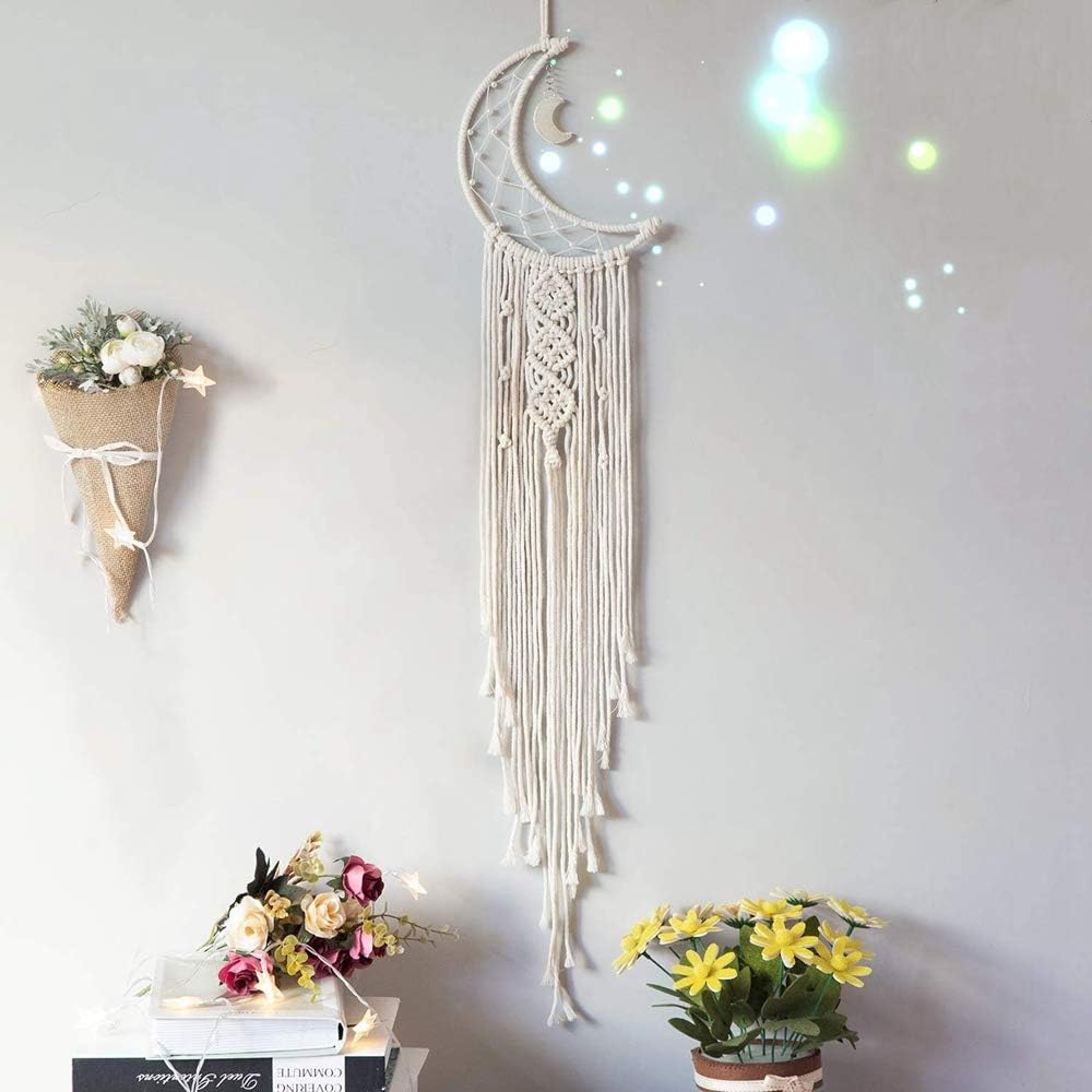 Clife Handmade Moon Design Woven Cotton Dream Catchers Cotton Tassels, Boho Macrame Wall Hanging Home Decoration Ornament Craft Gift for Apartment Bedroom Living Room(silver moon)