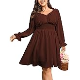 SCOMCHIC Womnes Plus Size Long Sleeve Mini Dress Smocked Elastic Waist Sweetheart V Neck A Line Dresses