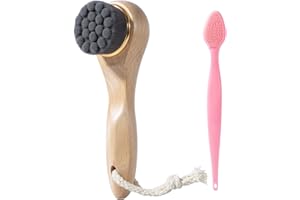 Beomeen Face Scrubber with Wooden Handle, Manual Facial Cleansing Brushes for Deep Pore Cleansing, Soft Bamboo Charcoal Fiber Exfoliating Face Wash Brush and Silicone Lip Scrubber for Face Care, Black