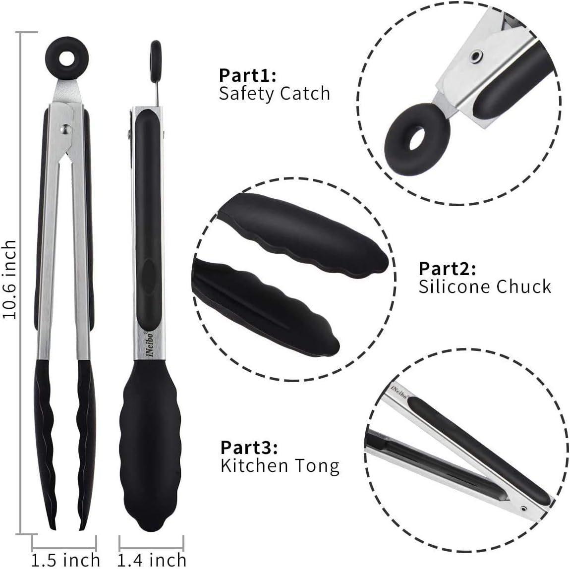 iNeibo Kitchen Tongs - 12'' Non-Slip Smart Locking Stainless Steel Cooking Tongs with Silicone Tips for Grilling BBQ Serving Salad Ice - Image 4