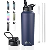 StarSpeed 40oz Insulated Water Bottle with Straws & 2 Lids, Stainless Steel Double Walled Vacuum Water Flask, Wide Mouth Sports Water Bottle for Gym Camping Hiking, Navy Blue