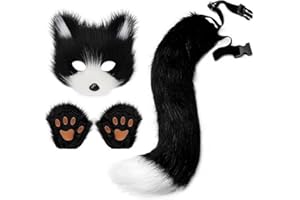 Cat Fox Mask Gloves and Tails Set Furry Cat Therian Face Mask Halloween Animal Fox Cosplay Costume Accessory