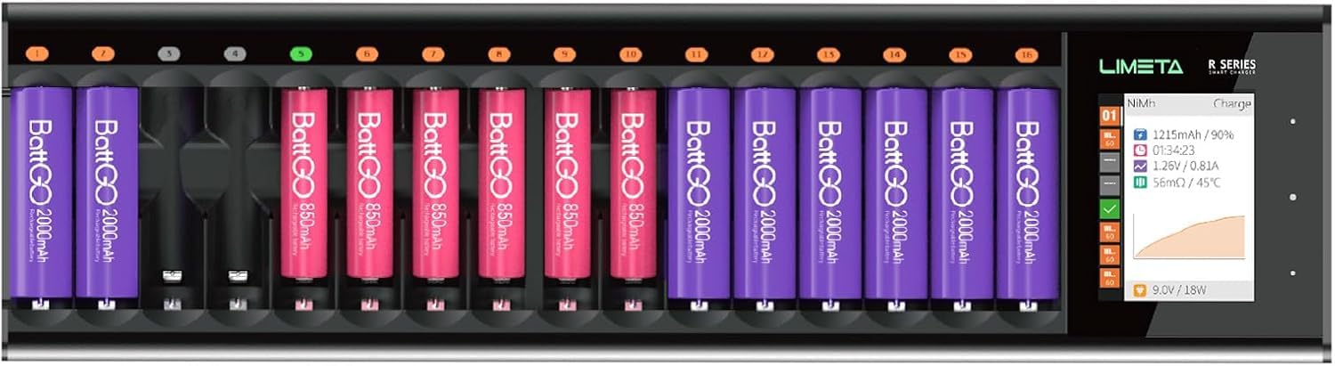 LIMETA R16 36W 1.5A 16-Slot Smart LCD Display Universal Battery Fast Quick Charger for Rechargeable Batteries AA/AAA Li-lon LiHv Ni-MH Ni-Cd Nizn LiFePO4 Discharge Analysis Function