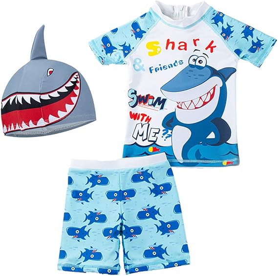 Baby Toddler Boys Two Pieces Swimsuit Set Swimwear Shark Bathing Suit Rash Guards with Hat UPF
