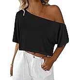 Remidoo Womens Off The Shoulder Tops Short Sleeve Crop Top Asymmetrical Neck T Shirt