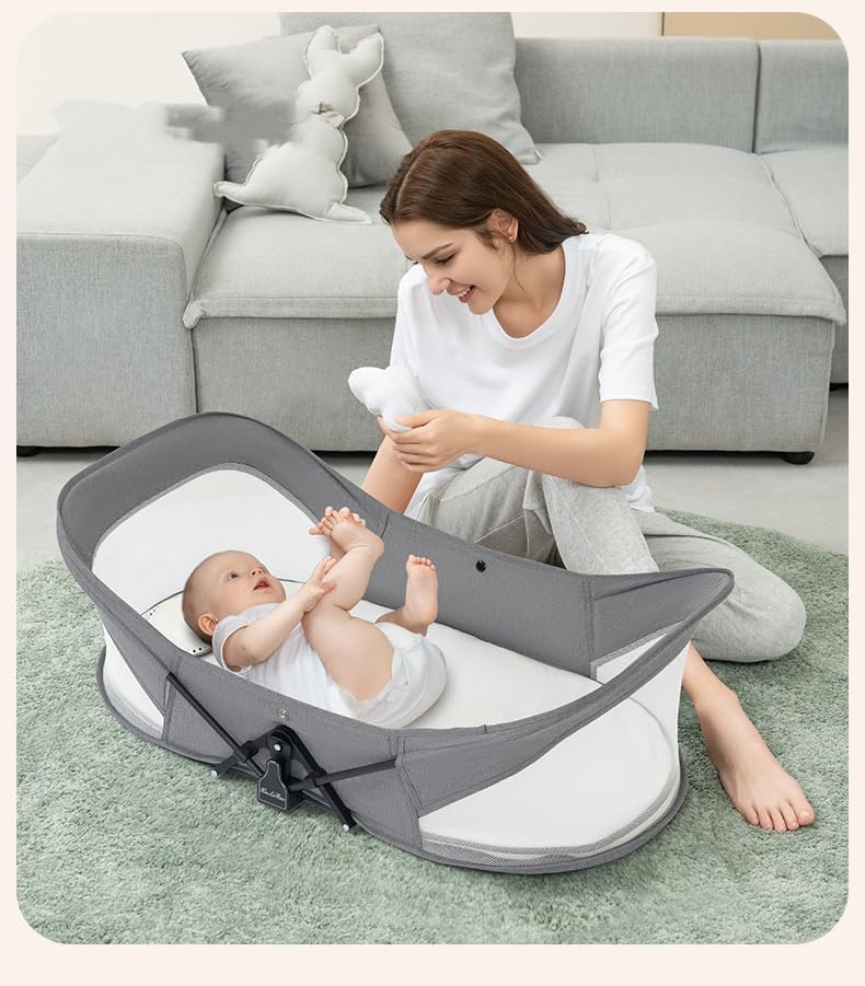 CENXI Travel Bassinet Portable Baby Bed for Newborn Infants-Folding Bassinet in Bed Mini Crib Breathable Travel Bed Quick Fold Newborn Infant Sleeper with Mosquito Net and Travel Bag (Khaki)