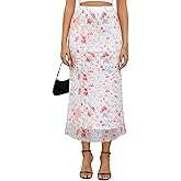 Women's Y2k Mesh Midi Skirt Elastic High Waisted Floral Print Bodycon Mermaid Long Skirts for Women