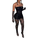 Mojessy 2 Piece Outfits for Women Sexy Lace Tube Mini Dress Top with Stockings Legging Set Birthday Outfits