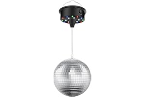 RIOMIJUN Disco Ball with Motor and Light, 4 Colors Light with 18 LED Beads, 5/8/10/15 RPM Rotating Motor with 6" Mirror Ball Remote for 70s 80s DJ Club, Wedding, Birthday, Party Essential