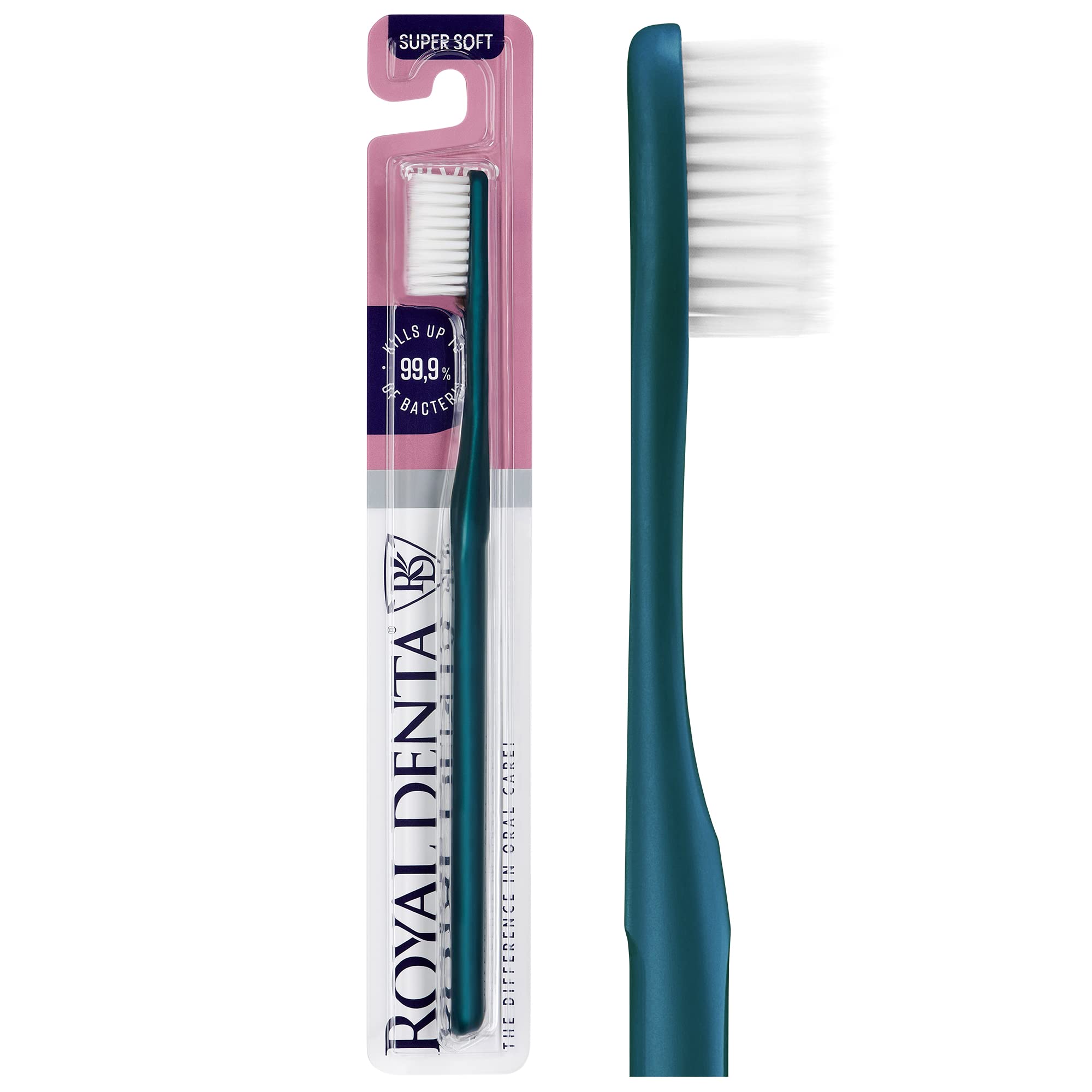 Royal Denta Super Soft Toothbrush for Adults, Extra Soft Bristle Manual Toothbrush with Dual Length Silver Infused Bristles for Sensitive Teeth & Gums, Gentle Plaque Removal, Made in Korea (Teal)