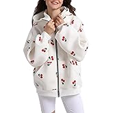 PDLCVD Women's Oversized Hooded Zip-Up Sweatshirt with Cherry Print Outerwear Y2K Aesthetic