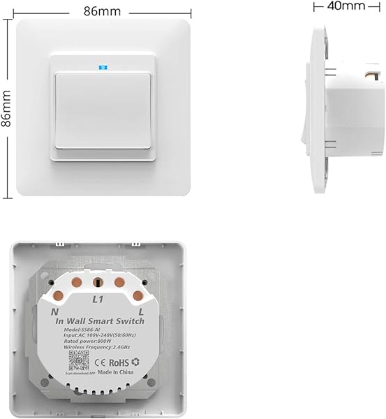 Monland WiFi Smart Light Switch Push Button Smart LifeTuya APP el Control Remoto Funciona con Alexa Home para Control de Voz 1 GangEU Plug