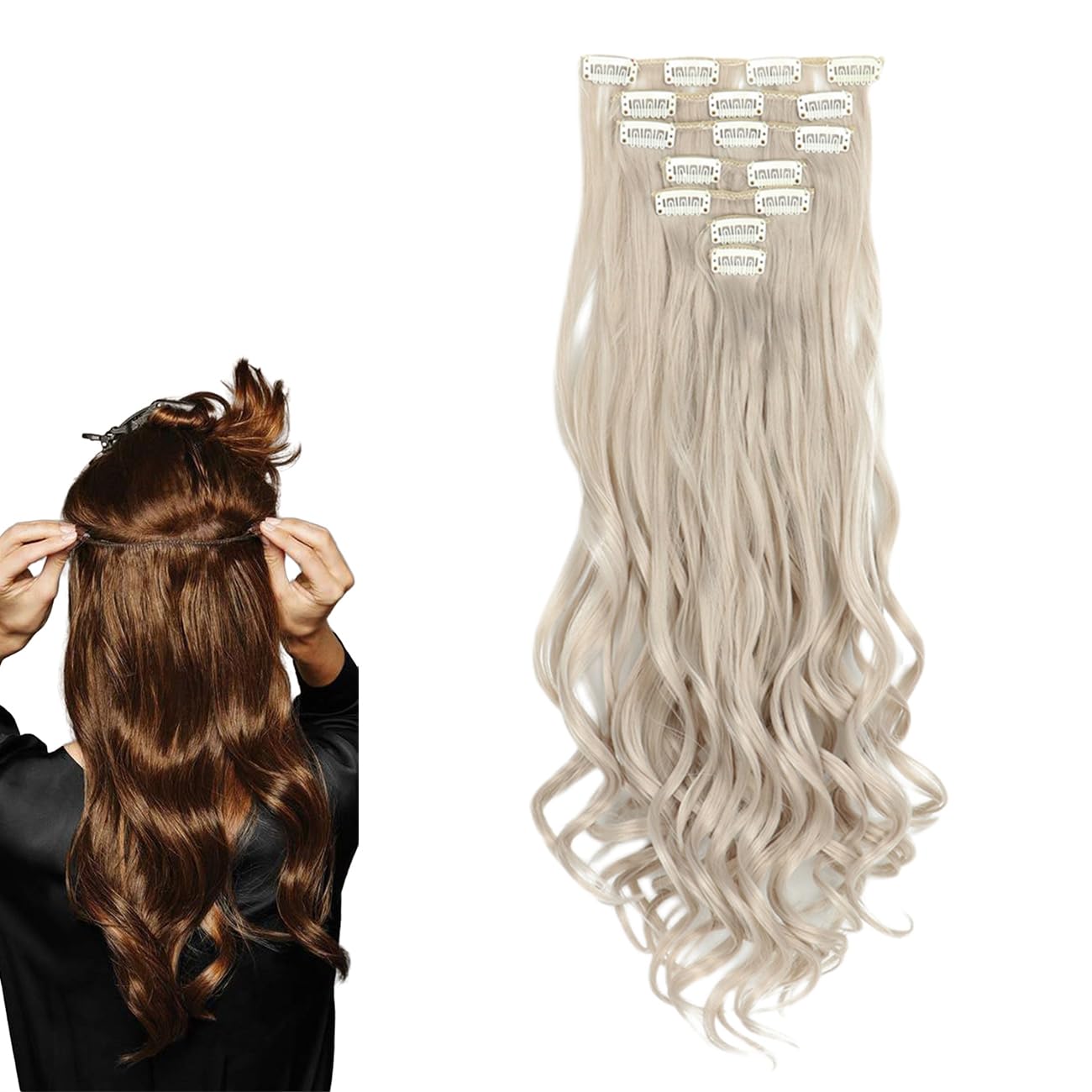 prinfantasy Ash Blonde Clip in Hair Extension Curly Hair Extension Clip in 22 Inches Long Synthetic Hair Extensions Soft Wavy Hair Pieces for Women Full Head, MW100 โ image 1