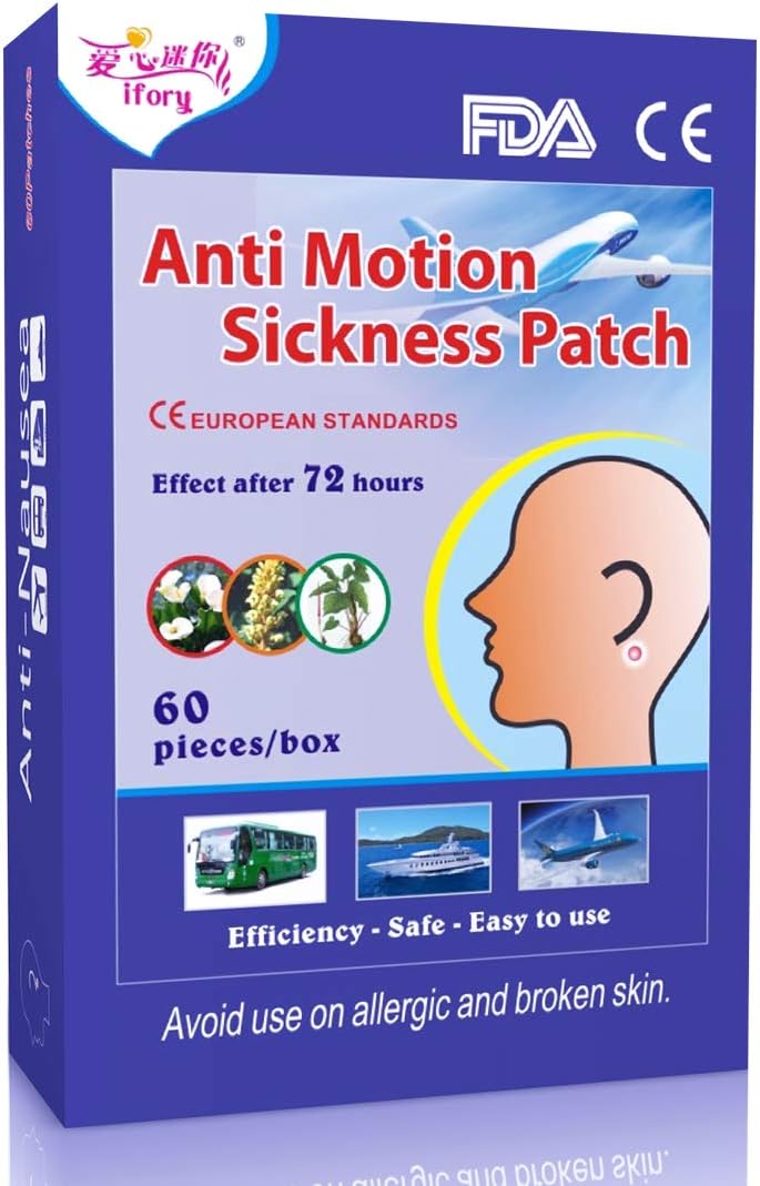 ifory 60 Count Seasick Patches for Cruise, Motion Sickness Patches Behind Ear, Nausea Patches for Kids, Audlt, Car, Airplane, Waterproof and Non Drowsy
