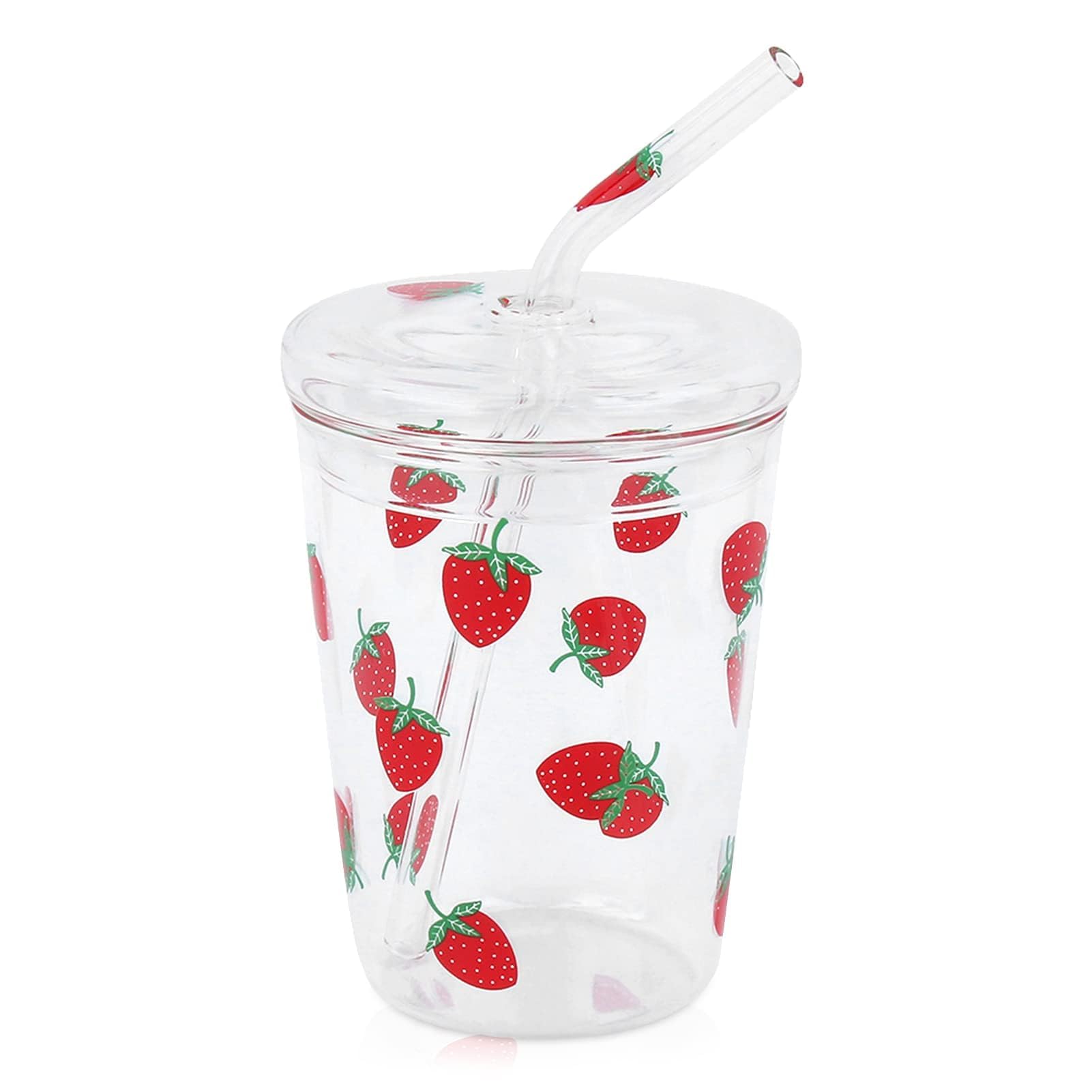 HERCHR Glass Milk Cup Drinking Cup with Lid and Straw 300ml 10.5Oz Cute Strawberry Patterns Engaged Tumbler Transparent Drinking Mug Tumbler for Cold Drink Coffee Cocktail Whiskey