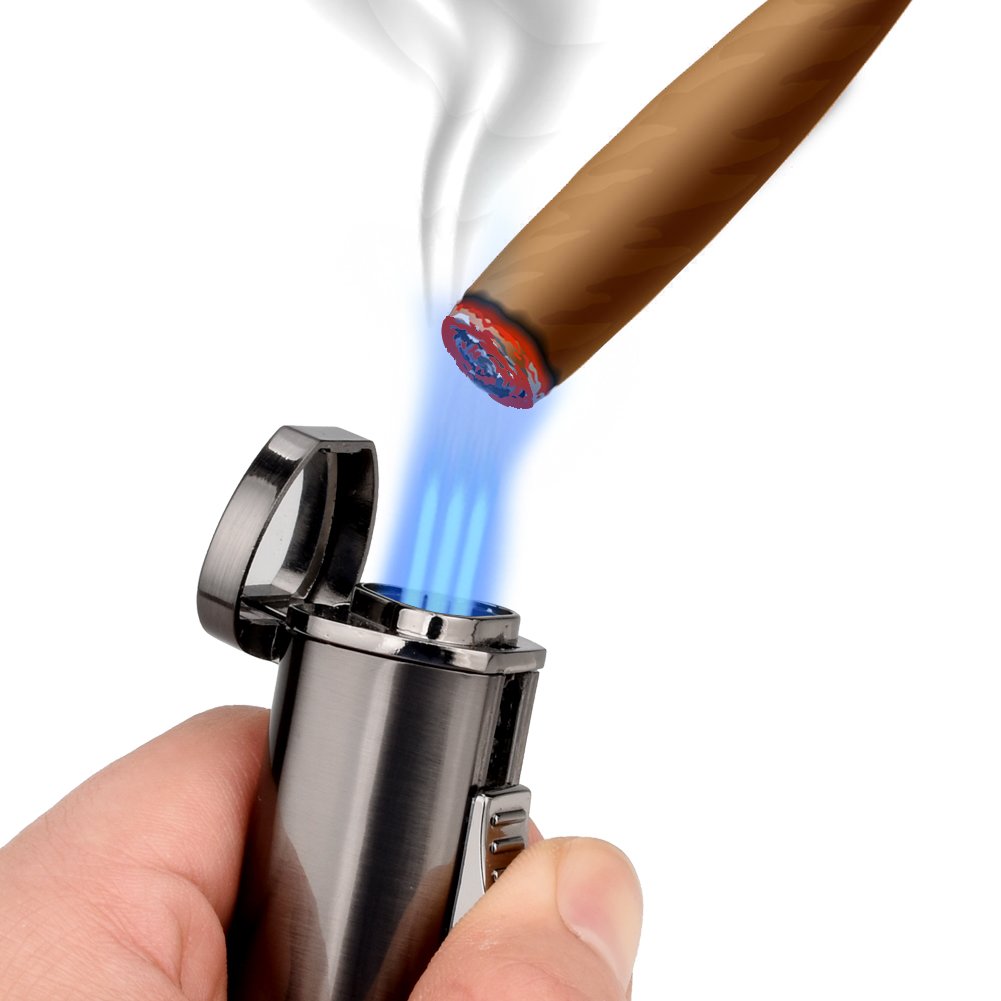 LAZU Cigar Lighter, ZB551 Triple Jet Flame Torch Lighter, Butnae Gas